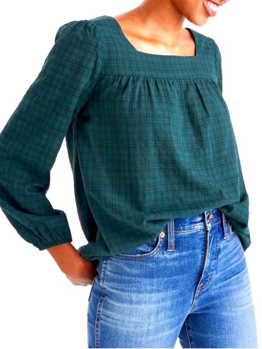 Madewell Square Neck Green Plaid Top